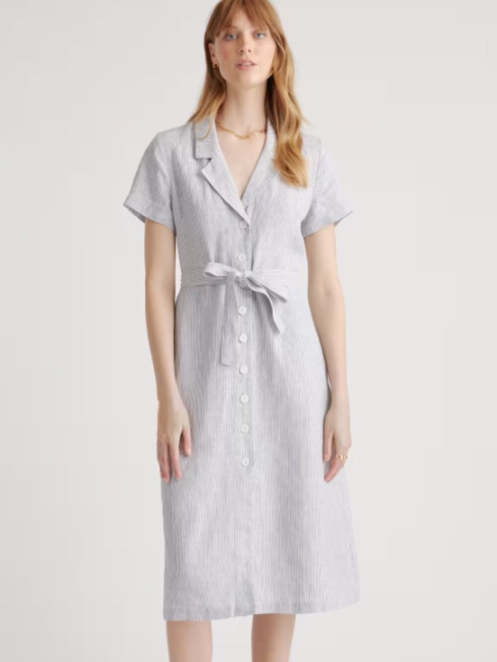 Quince 100% European Linen Button Front Midi Shirt Dress Chambray Stripe Size L